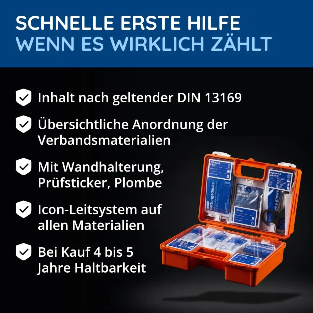 FLEXEO Erste Hilfe Koffer DIN 13169 | Inkl. Wandhalterung, Plombe, Stickern | Erste Hilfe Kasten/Verbandkasten für Betriebe, Unternehmen, Gewerbe, Baustellen