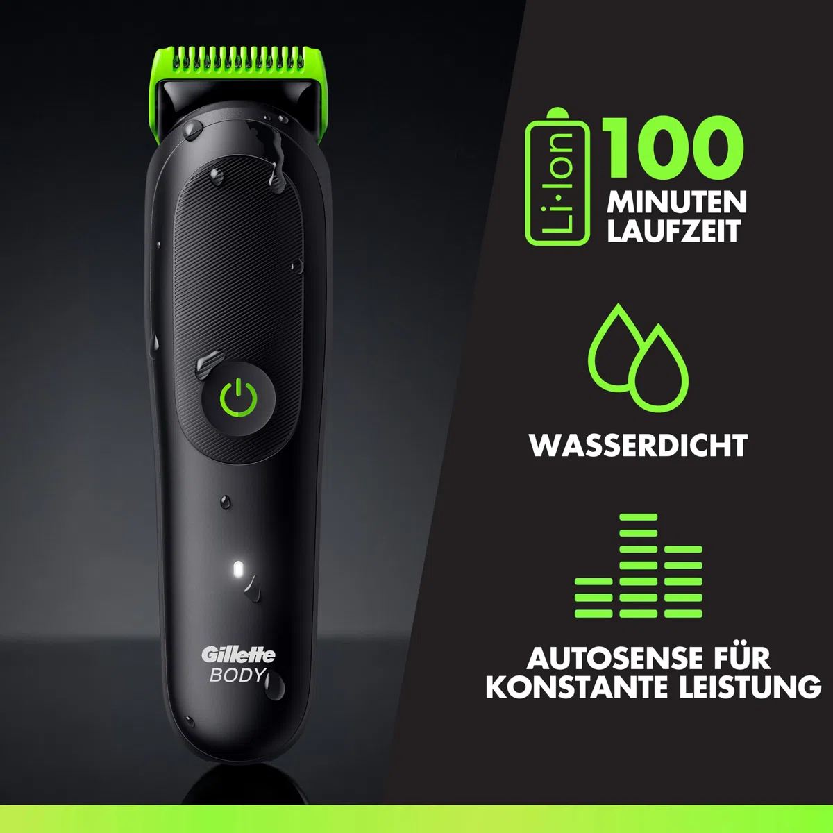 GilletteLabs i5 Body + Intimate Trimmer Herren mit SkinFirst-Technologie — Intimrasierer Mann für Körper & Intimbereich, Wasserdichte — Schwarz/Grün