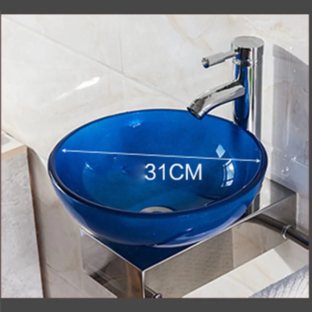 Mini-Waschbecken, kleines Badezimmer-Waschbecken, Wandwaschbecken, künstlerisches Waschbecken aus gehärtetem Glas, Waschbecken-Set (Farbe: Blau-A, Größe: 31 cm) Chaser of Light