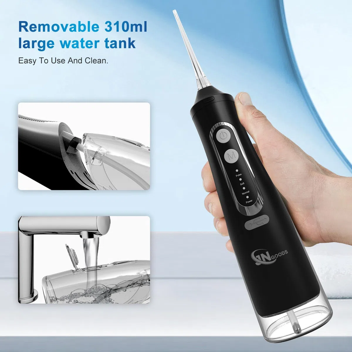 JNGOODS Kabellose Munddusche, 310 ml, wiederaufladbar, Wasserflosser für Zähne, IPX7, wasserdicht, 4 Modi, tragbare Bewässerung mit 4 Strahlspitzen, für Reisen und Zuhause, Schwarz