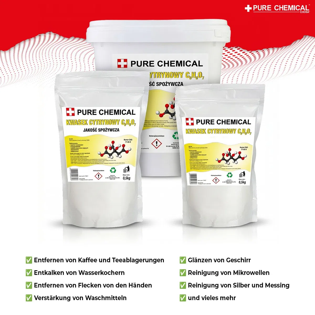 CHOSA Zitronensäure Pulver 25kg - 100% Reines -vielseitiger Entkalker & Haushaltsreiniger -ideal zum Putzen, Entkalken & Kochen