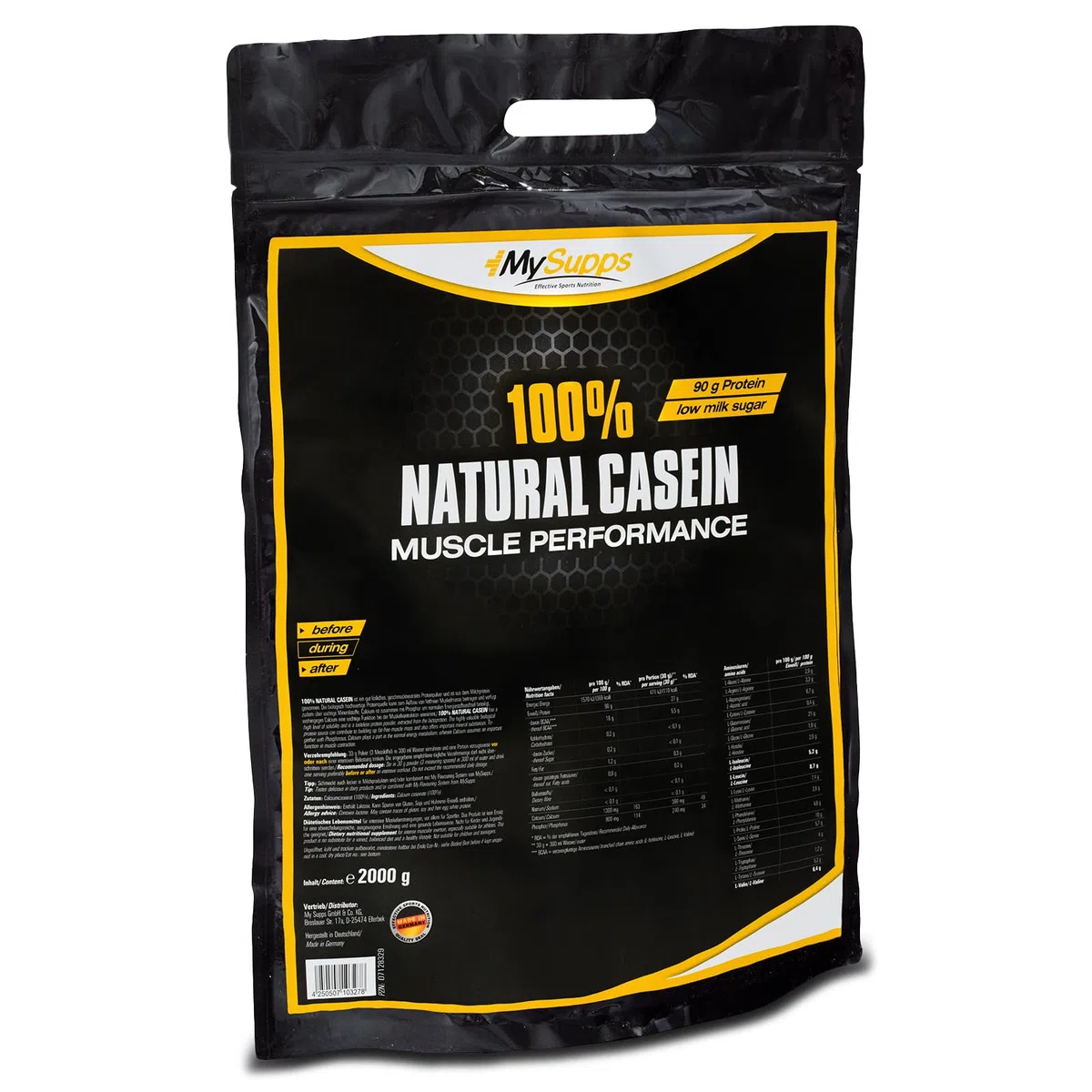 My Supps 100% Natural Casein 2000 g - Eiweiß-Pulver - Casein-Proteinpulver neutral - zuckerfrei - ohne Zusatzstoffe - Calciumcaseinat 89,5% Protein - langsam verdaulich Nachtprotein - Made in Germany