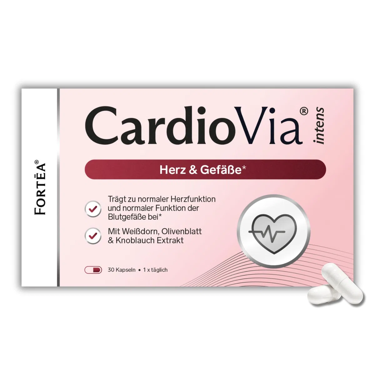 FORTĒA® - Herz & Gefäß Komplex Kapseln in Apothekenqualität - CardioVia intens - mit Vitamin B1, Vitamin C, Selen & Zink - rezeptfrei & gut verträglich - Unterstützung der Herzfunktion - 30 Stk.
