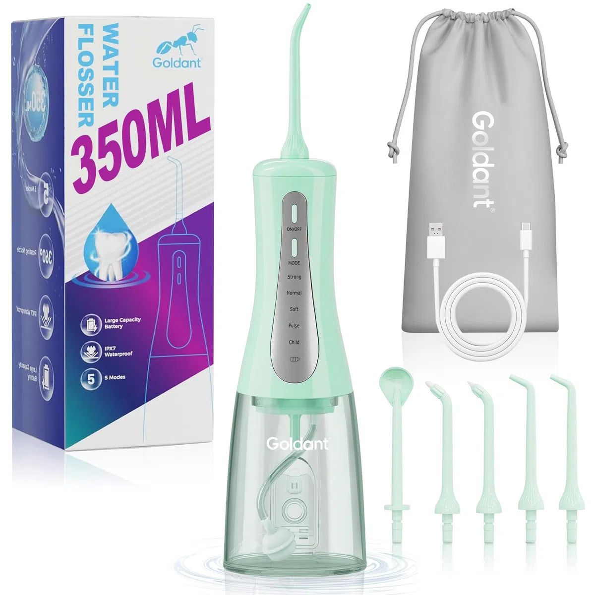 2026 Munddusche 350ml, 5 Modi, Tragbar & Kabellos, IPX7 Wasserdicht, Wiederaufladbar, Mit Tasche Für Zuhause & Reisen (Grün)