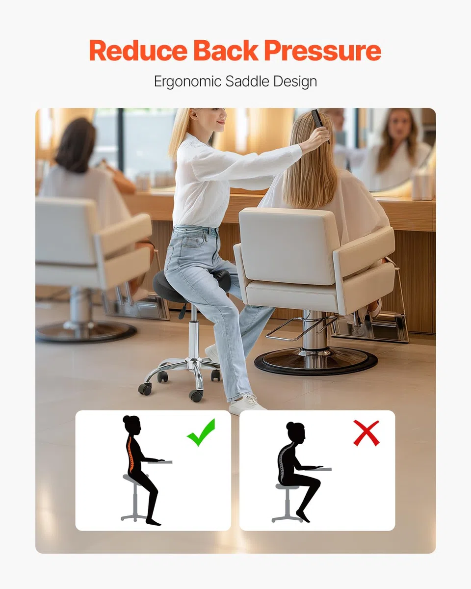 VEVOR Sattelhocker Rollhocker 204 kg belastbarer höhenverstellbarer (55-71 cm) Drehhocker Arbeitshocker, ergonomischer verdickter PU-Leder-Drehsattelstuhl für Salon Spa Massage Klinik, Schwarz