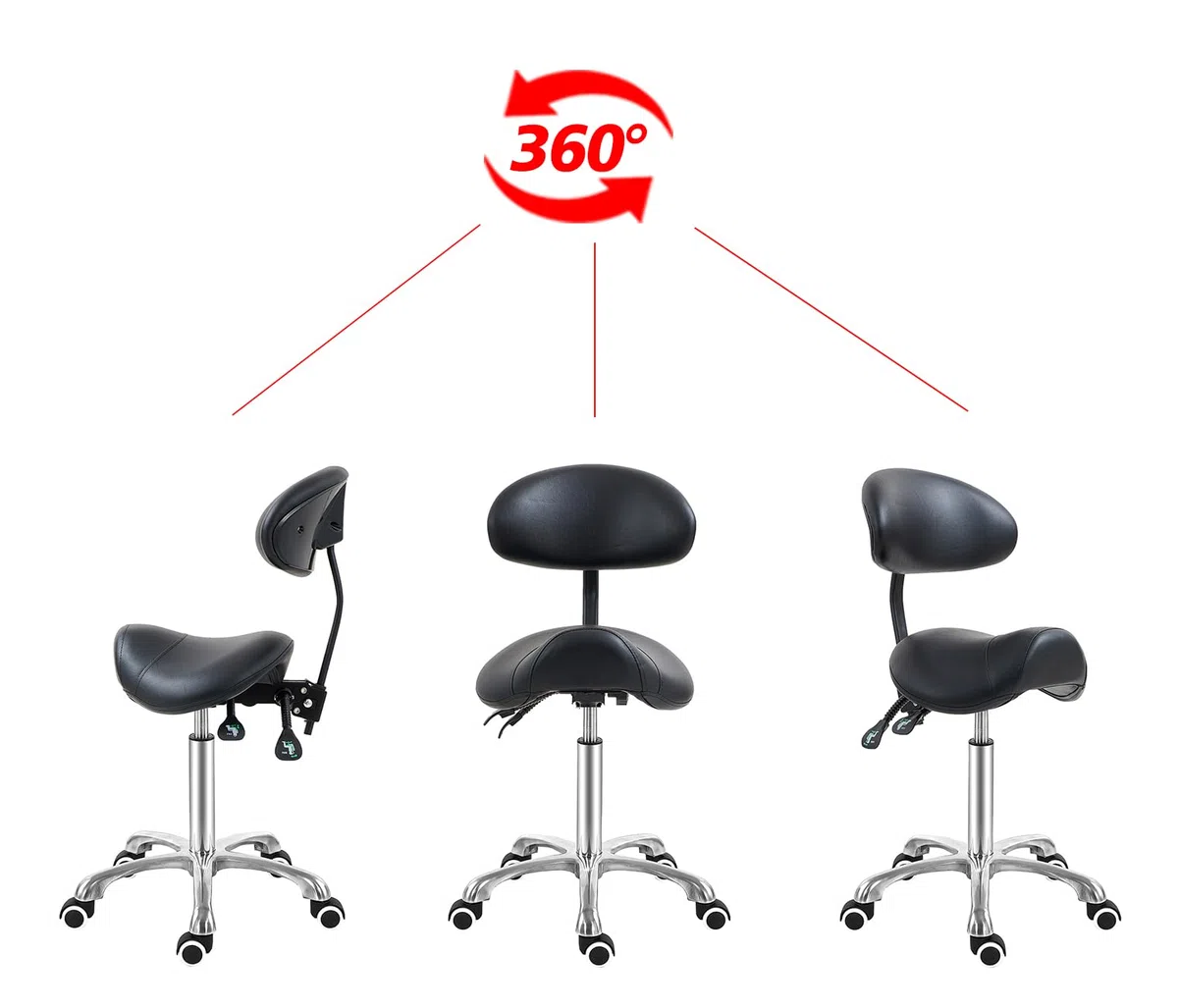 Antlu Sattelhocker mit Rückenstütze, ergonomischer Kosmetikhocker für Friseur Tattoo Spa Medizin Zahnarztpraxis (mit justierbarer Rückenlehne, Schwarz)