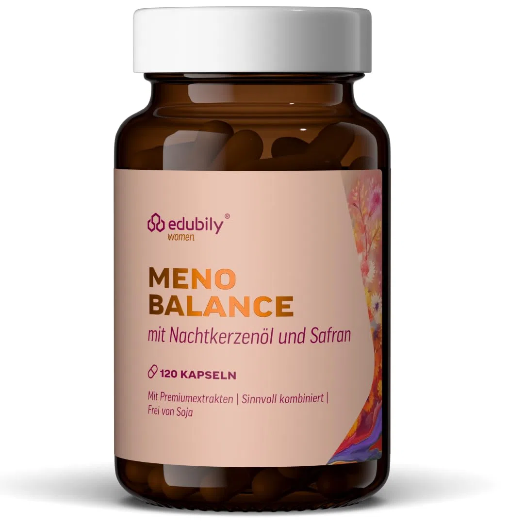 edubily® Meno Balance Kapseln – Pflanzlicher Komplex mit Nachtkerzenöl, Safran-, Hopfen-, Rotklee- & Ginseng-Extrakt für Frauen rund um die Menopause - Standardisiert - Ohne Soja - Vegan (120 Kapseln)