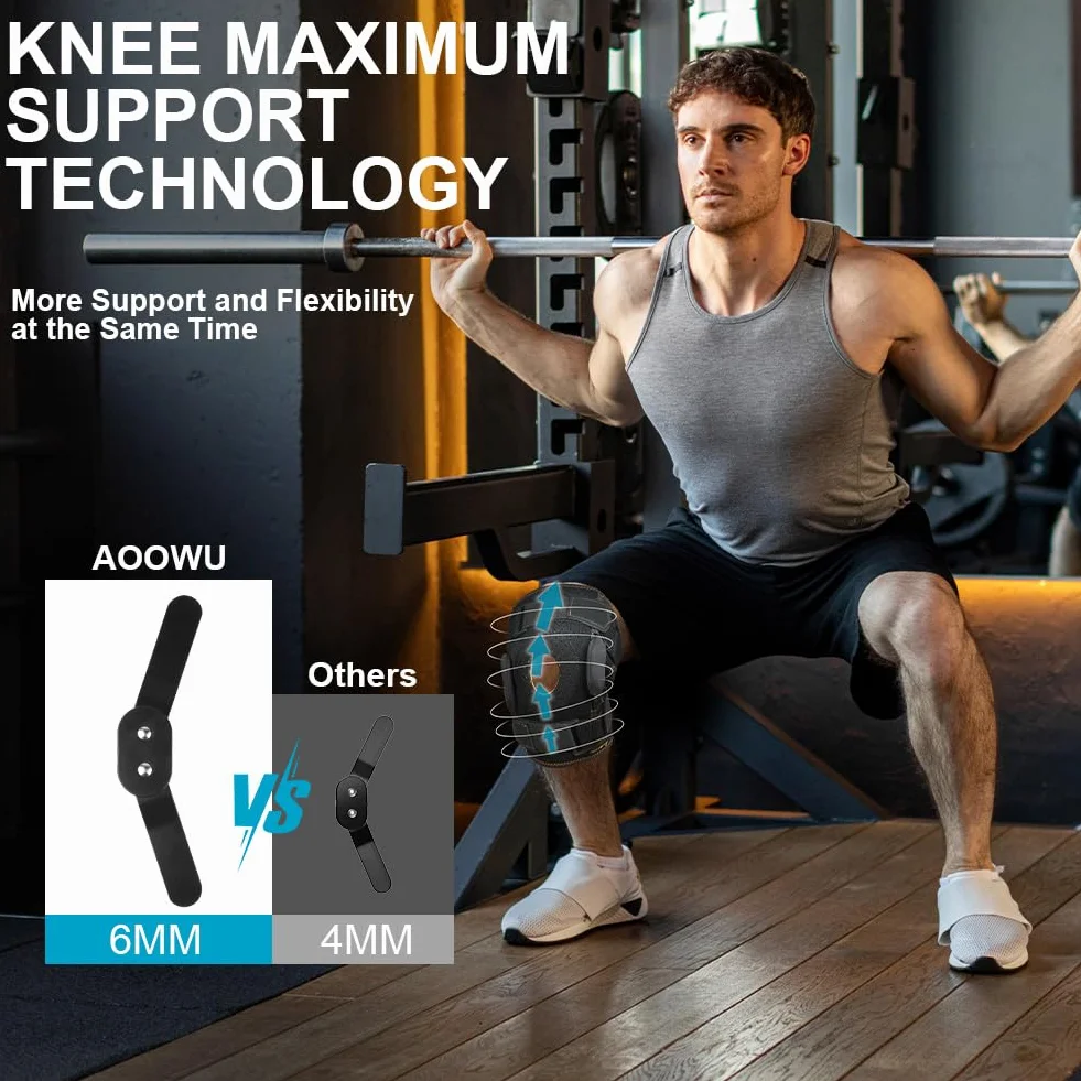 AOOWU Kniestütze, Athletics Kniebandage für Männer Frauen, Verstellbarer Kompressionsbandage mit Stahlplattenhalterung & Patella Gel Pads für Meniskusriss, Arthritis, ACL,Gelenkschmerzen, Laufen,Sport