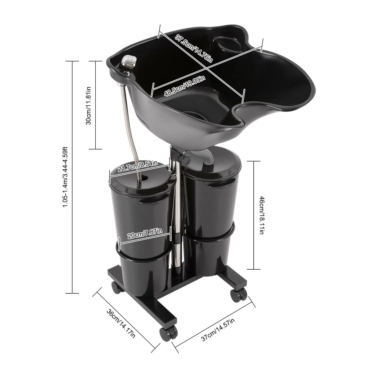 MINRS Haarwaschbecken für Bettlägerige Tragbares Shampoo Becken Double Bucket Design mit Räder und Abflussrohr Einstellbar Höhe und Winkel für Bettlägerige, Behinderte, Ältere, Salon (Schwarz)
