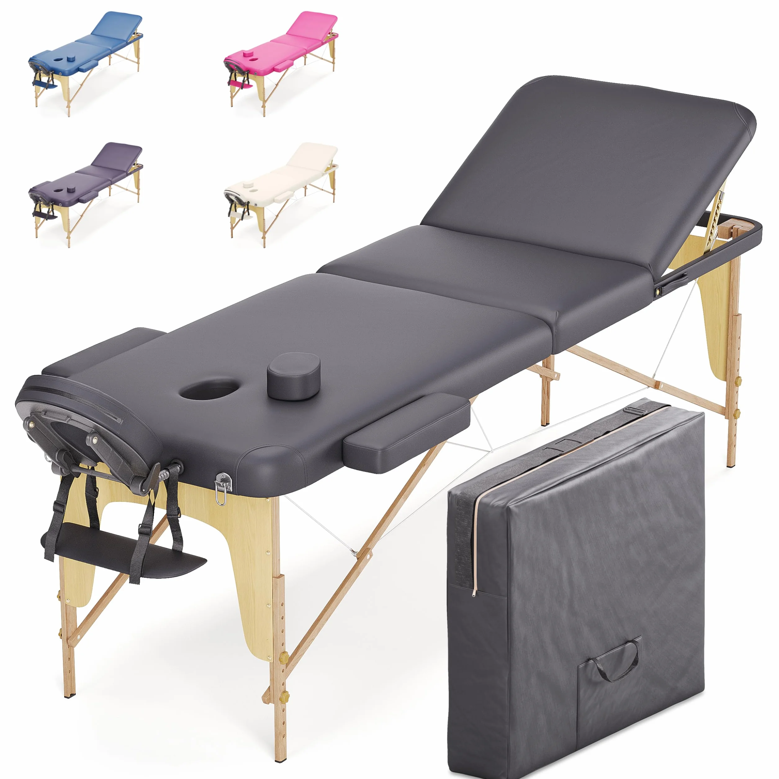 Beltom® Mobile Massagetisch Massageliege 3 zonen 180 x 56 cm. - Licht 13,2 kg mit Zubehör 15,5 kg - massagebed massageleuning Massagebank 3 Zones klappbar Kosmetikliege +TA. - Schwarz
