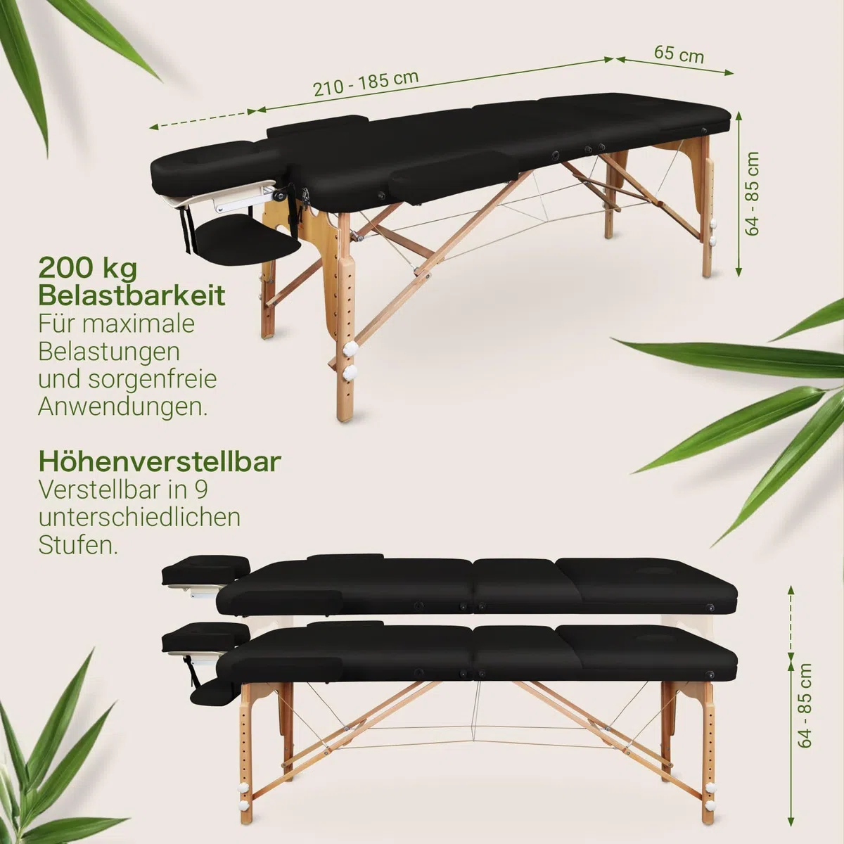 MASSUNDA – Mobile 3 Zonen Massageliege klappbar & höhenverstellbar – Stabiler Massagetisch aus Vollholz – All-Inkl. Massagebank mit ergonomischer Kopfstütze, Bezug, Armlehne, Kissen (Schwarz)