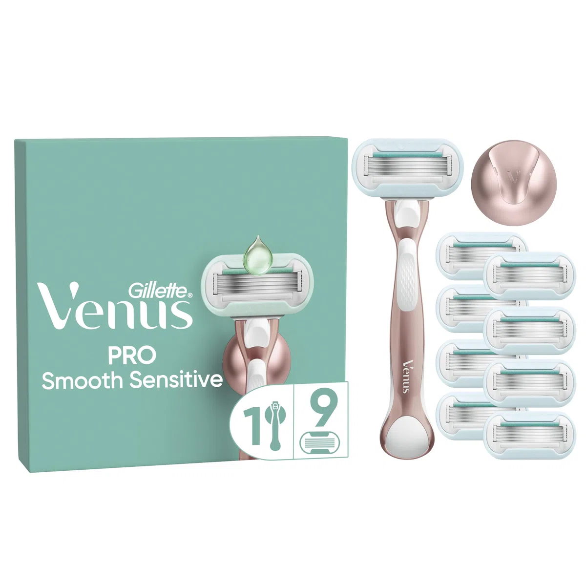Gillette Venus Pro Smooth Sensitive Rasierer Damen, Metall, Rosegold - Damenrasierer für Empfindliche Haut, Inkl. 9 Rasierklingen für Nassrasierer, Langlebiges Metallhandstück Und Duschhalterung