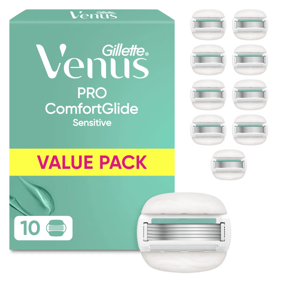 Gillette Venus Pro Comfortglide Sensitive Rasierklingen Damen, 10 Original Ersatzklingen für Damenrasierer, Damenrasierklingen mit Einem Hauch von Aloe Vera