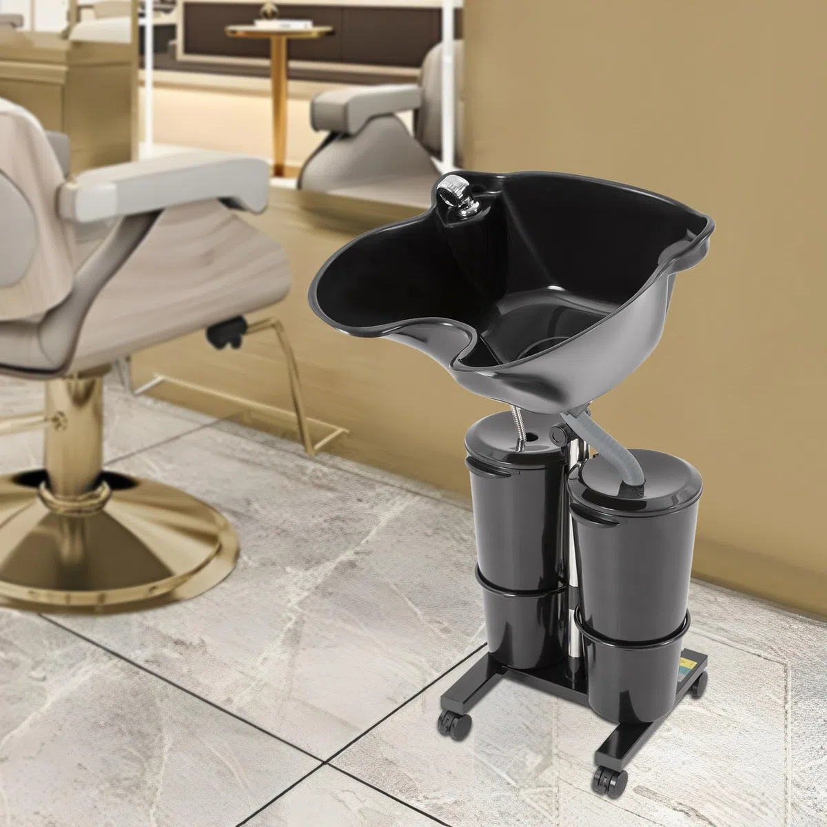 MINRS Haarwaschbecken für Bettlägerige Tragbares Shampoo Becken Double Bucket Design mit Räder und Abflussrohr Einstellbar Höhe und Winkel für Bettlägerige, Behinderte, Ältere, Salon (Schwarz)