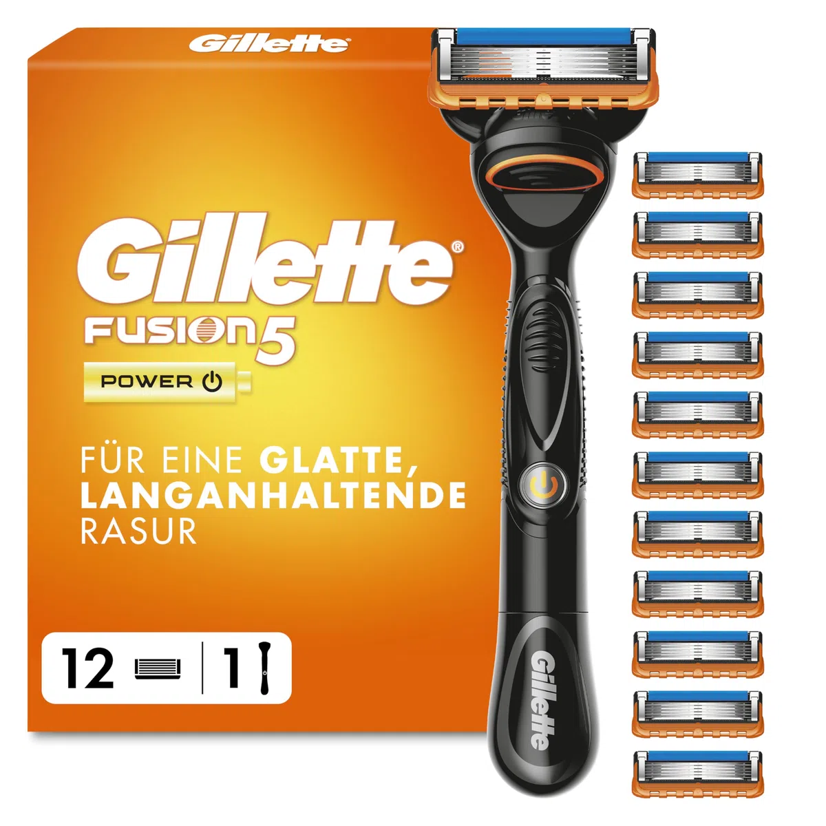 Gillette Fusion 5 Power Rasierer Herren, Nassrasierer, Metall, Schwarz - Herrenrasierer, Inkl. 1 Handstück, 12 Rasierklingen mit Gleitstreifen Und 5 Klingen für Eine Gründliche, Langanhaltende Rasur
