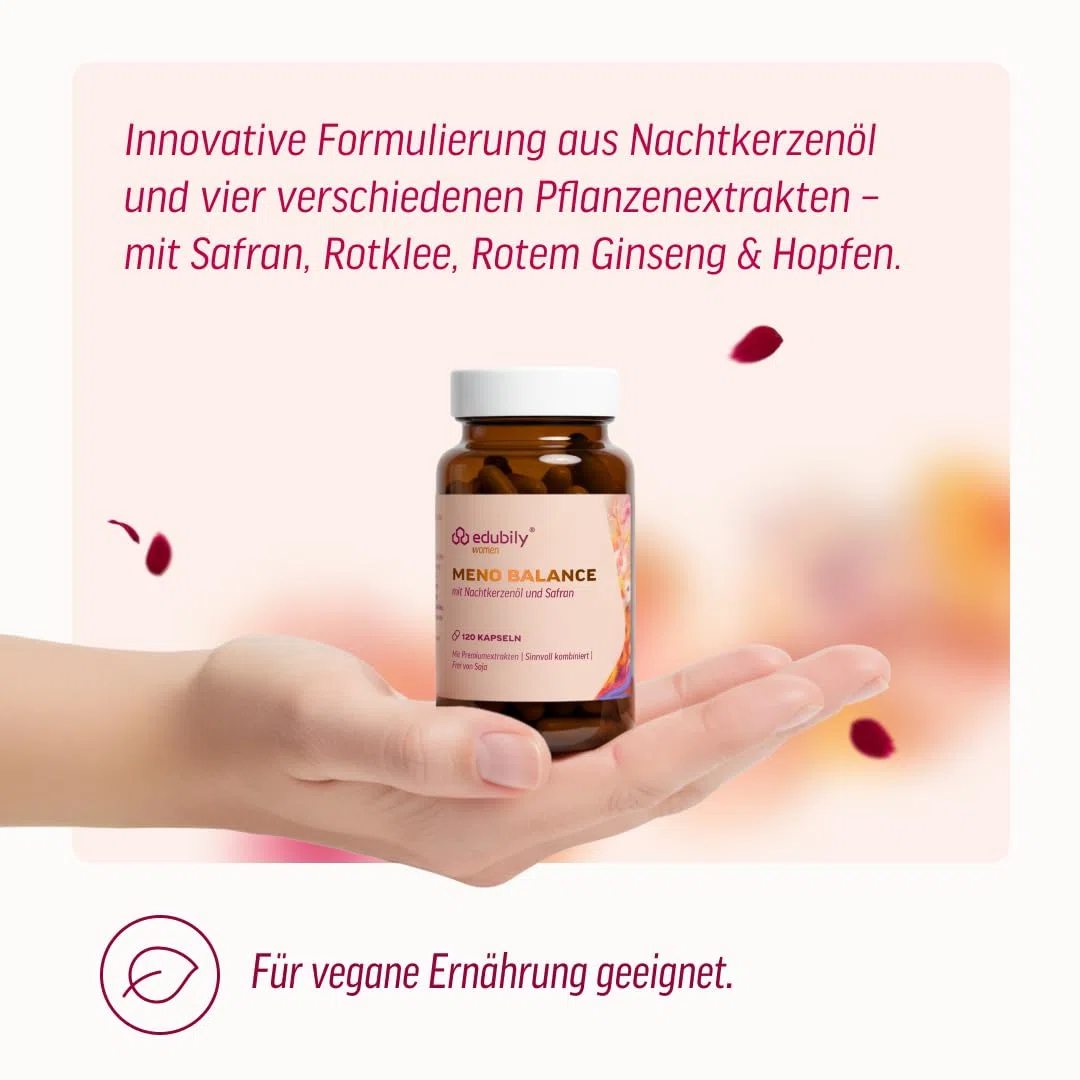 edubily® Meno Balance Kapseln – Pflanzlicher Komplex mit Nachtkerzenöl, Safran-, Hopfen-, Rotklee- & Ginseng-Extrakt für Frauen rund um die Menopause - Standardisiert - Ohne Soja - Vegan (120 Kapseln)