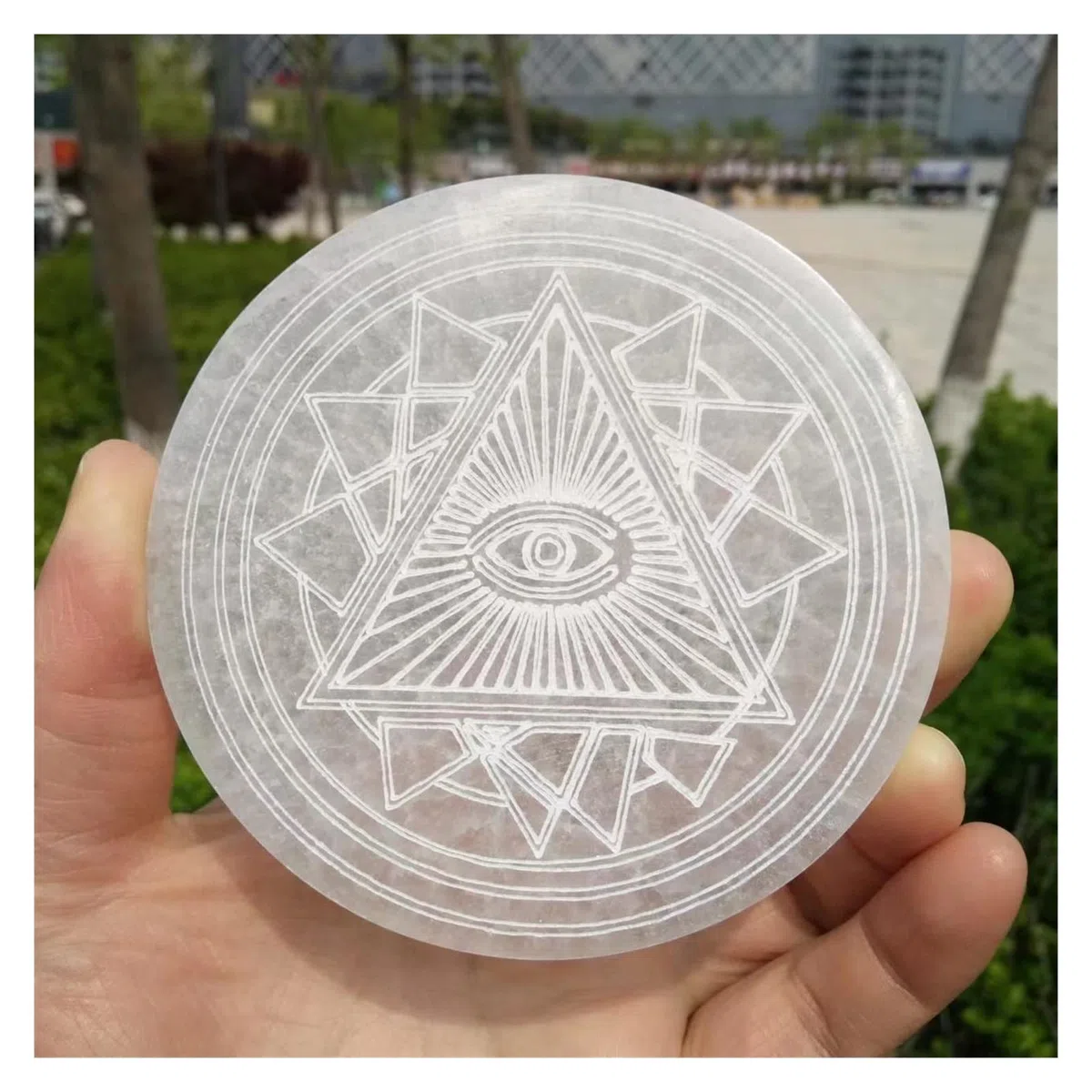 Natürliche transparente Kristalle, Selenit-Gipskarton-Untersetzer, Symbole, böse Augen, Hexendekor, Dr. Stone, Weissagung, Pendel-Ornamente Voller Textur