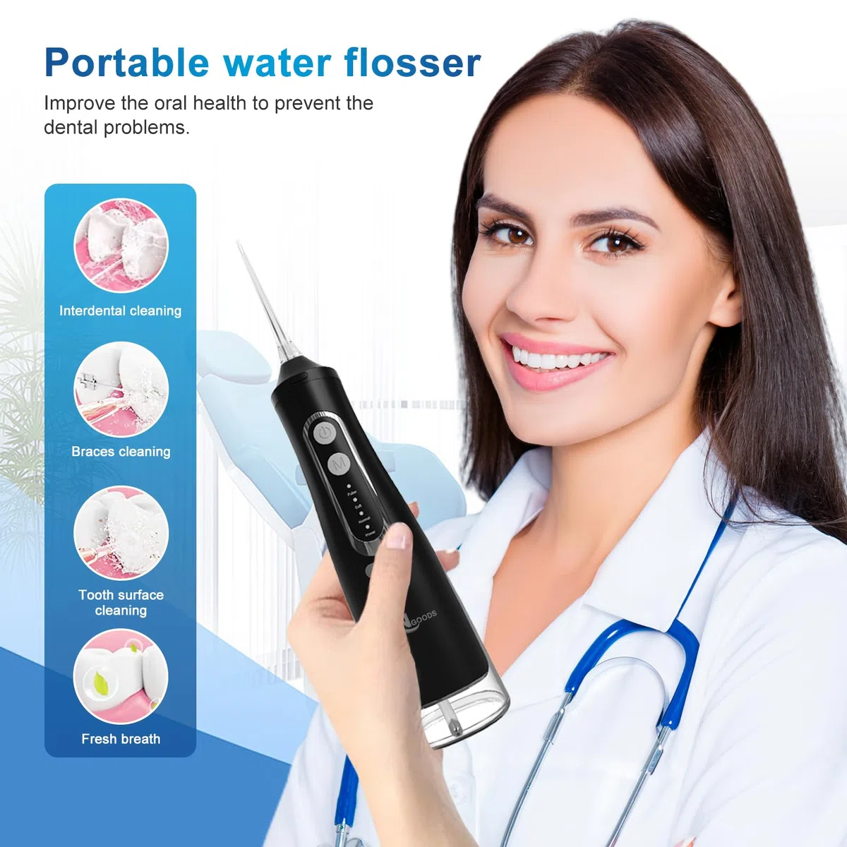 JNGOODS Kabellose Munddusche, 310 ml, wiederaufladbar, Wasserflosser für Zähne, IPX7, wasserdicht, 4 Modi, tragbare Bewässerung mit 4 Strahlspitzen, für Reisen und Zuhause, Schwarz