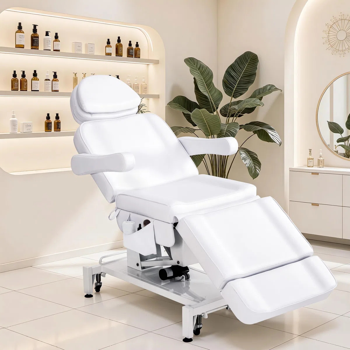 Barberpub Kosmetikliege Elektrisch mit 3 Motoren & Rollen, Massageliege Klappbar & 16CM Höhenverstellbar, 180°Drehbare Armlehnen, Tattoo Liege für SPA Salon 0754 (Weiß/Kunstleder)