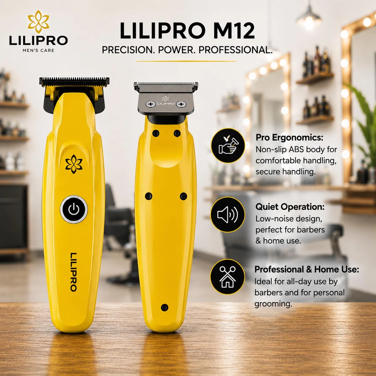 M12 Profi Herren Haarschneider & Barttrimmer | Professional Hair & Beard Trimmer – Zero-Gap DLC-T-Blade, 7500+ RPM, Kabellos, USB-C, 2000 mAh Akku, Leise & Präzise, Für Barber & Zuhause (Gelb)
