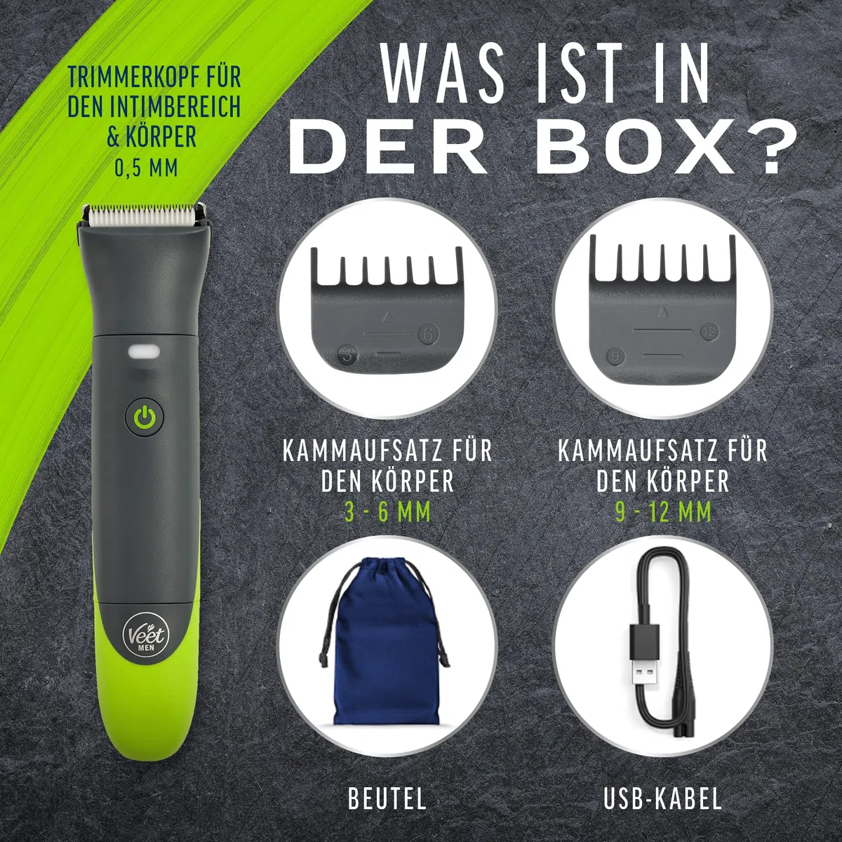 Veet Men Intimate Trimmer - Intimrasierer für Männer - Intim- und Körperrasierer für Intimbereich, Gesicht, Achseln & Oberkörper - Wasserfester Herren Haartrimmer & Rasierer, Packaging May Vary
