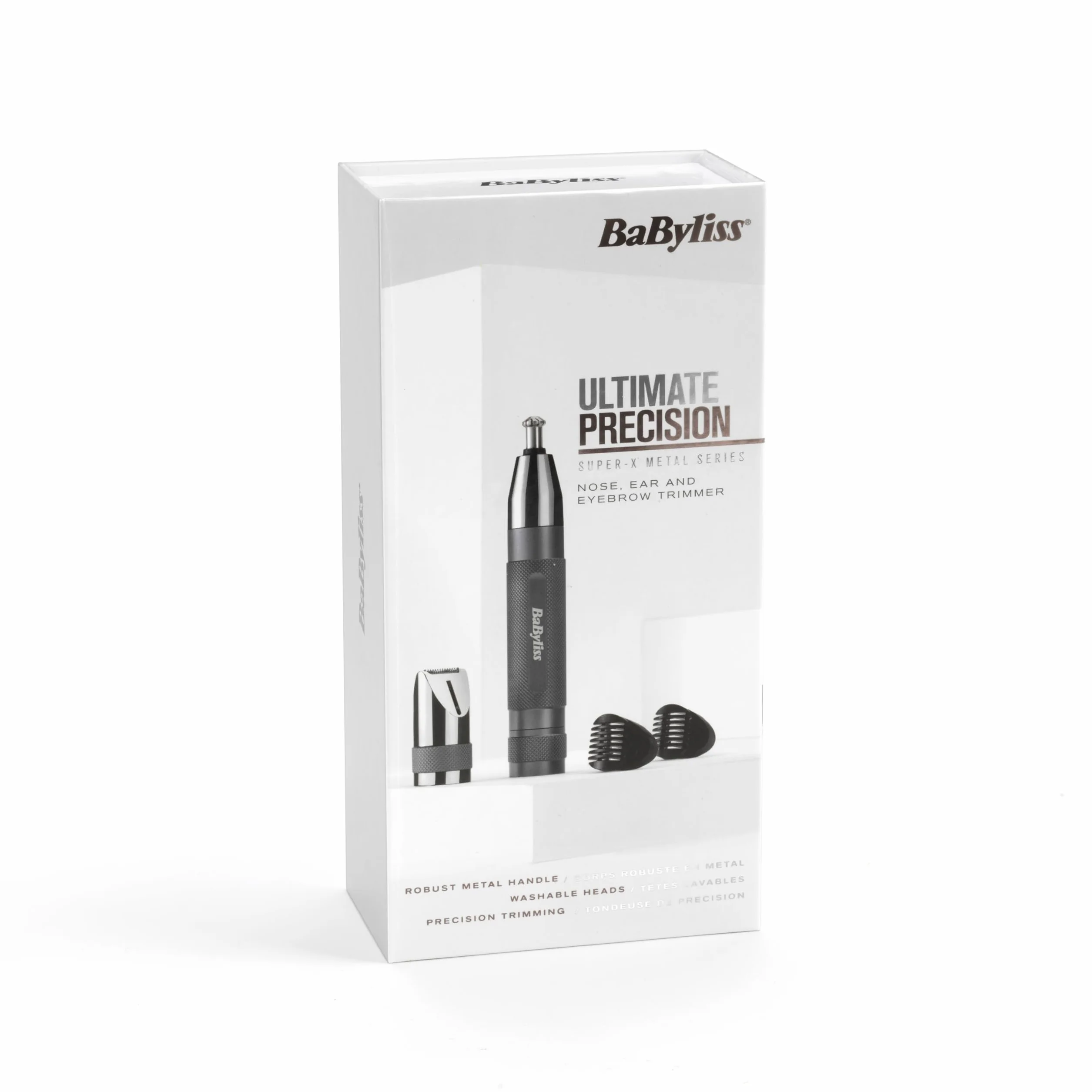 BaByliss Super-X Metal Präzisions-Detail-Trimmer – 3-in-1 Nasen-, Ohren- & Augenbrauentrimmer, 2 Aufsätze, 2 Kammaufsätze, batteriebetrieben – E116E