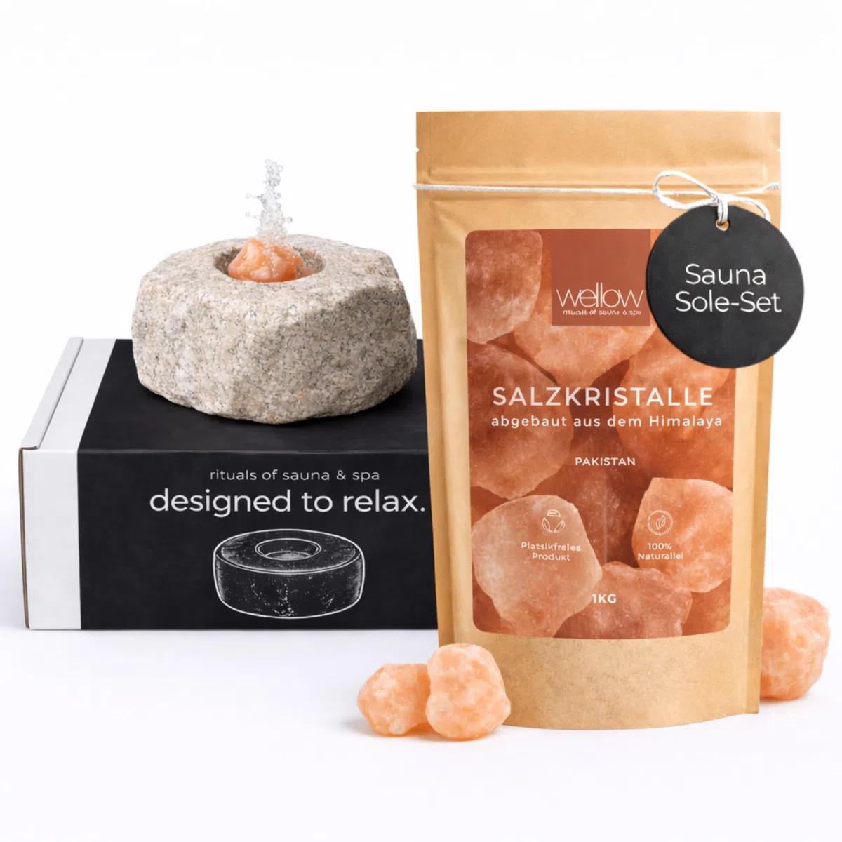 wellow® Sole-Set für die Sauna – 1 kg Himalaya-Salzkristalle + Spezial-Dampfstein – für intensiven Sole-Aufguss & wohltuendes Saunaklima – Saunasalz für Sauna & Solebad