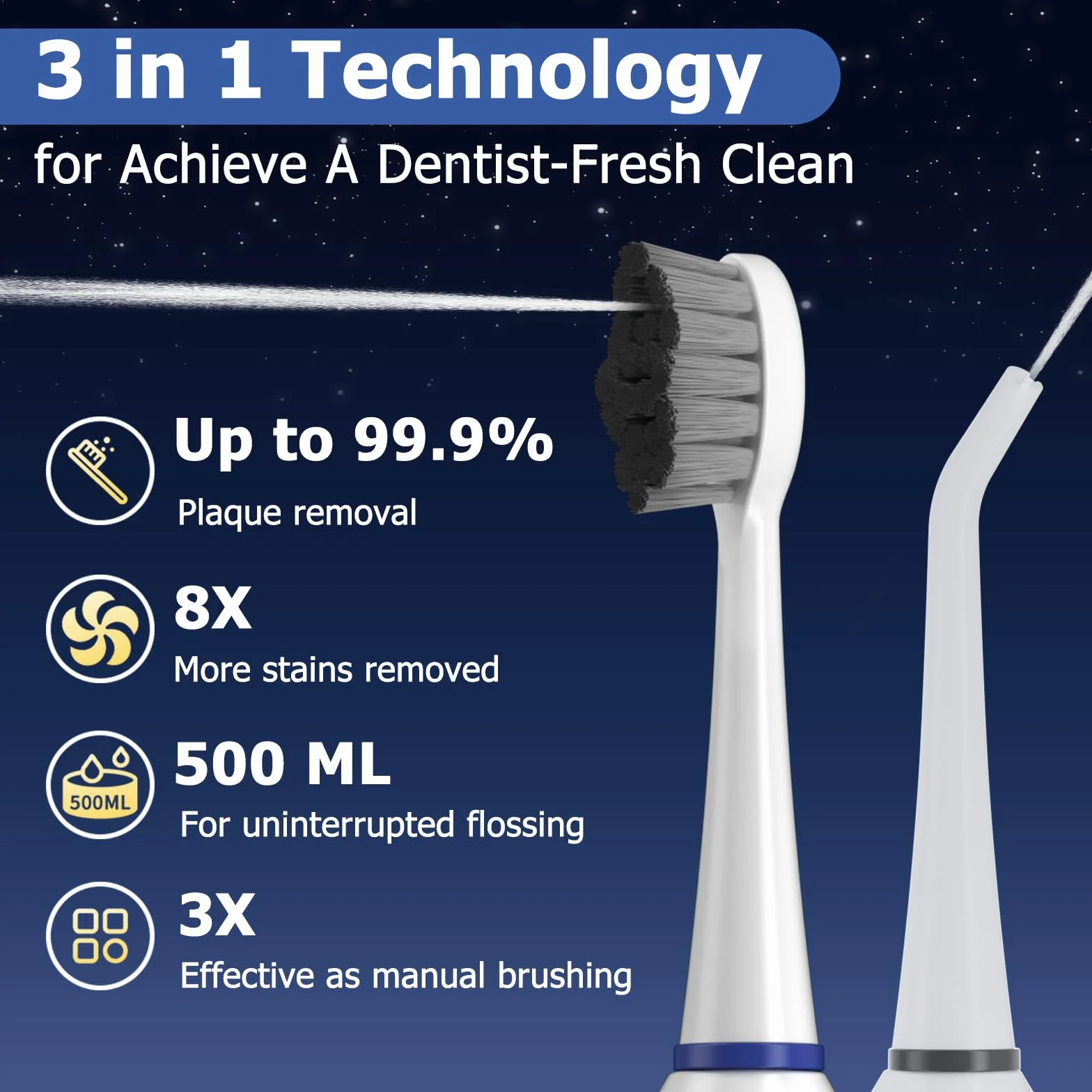 Elektrische Zahnbürste mit Wasser Flosser Combo, 3-in-1 Sonic Flossing Zahnbürste und Dental Water Flosser für Zähne Erwachsenenreinigung mit 4 Köpfen, Empfindlich, Zahnfleischpflege, Zahnspangen, 500 | 4 Köpfe, empfindliche Zahnfleischpflege, Zahnspangen
