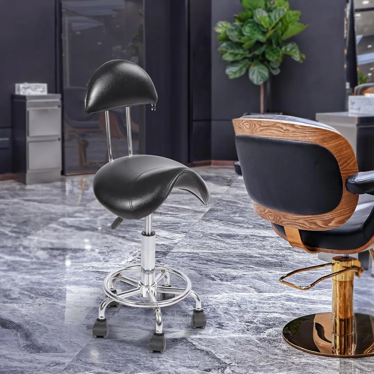REDCAMP Rollsattelhocker mit Rückenstütze, ergonomischer Drehstuhl, hydraulisch, verstellbarer Hocker für Zahnarzt, Spa, Massagesalon, Friseure, Schwarz