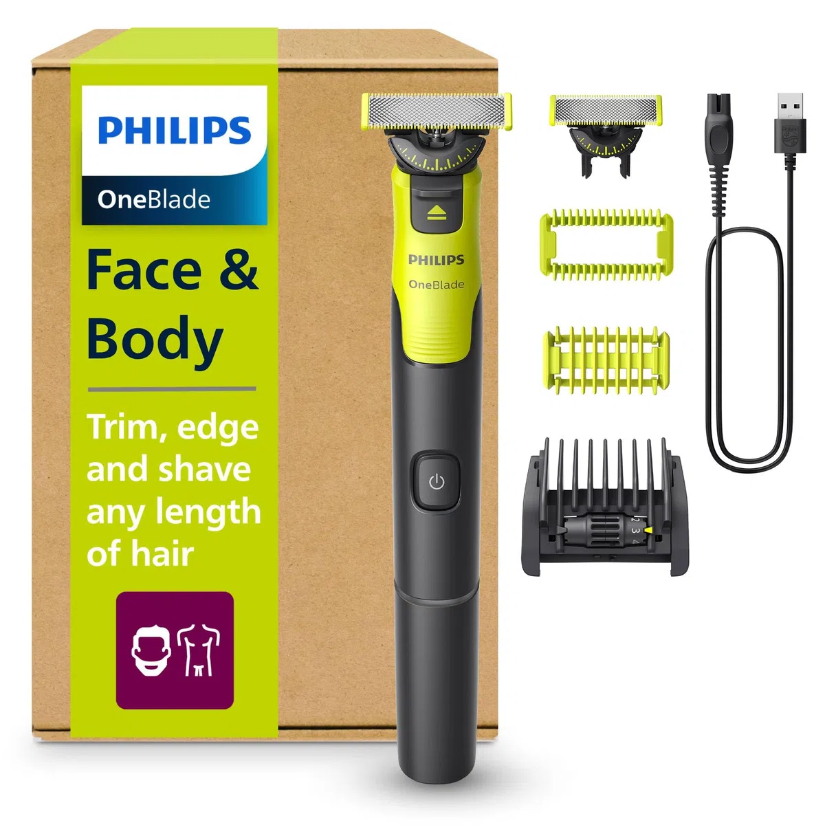 PHILIPS OneBlade 360 Face & Body mit App-Anbindung - elektrischer Rasierer, Trimmer & Bodygroomer, 2x 360 Klingen, verstellbarer Trimmaufsatz, 2x Körperaufsätze, für Gesicht & Körper (QP4631/30)
