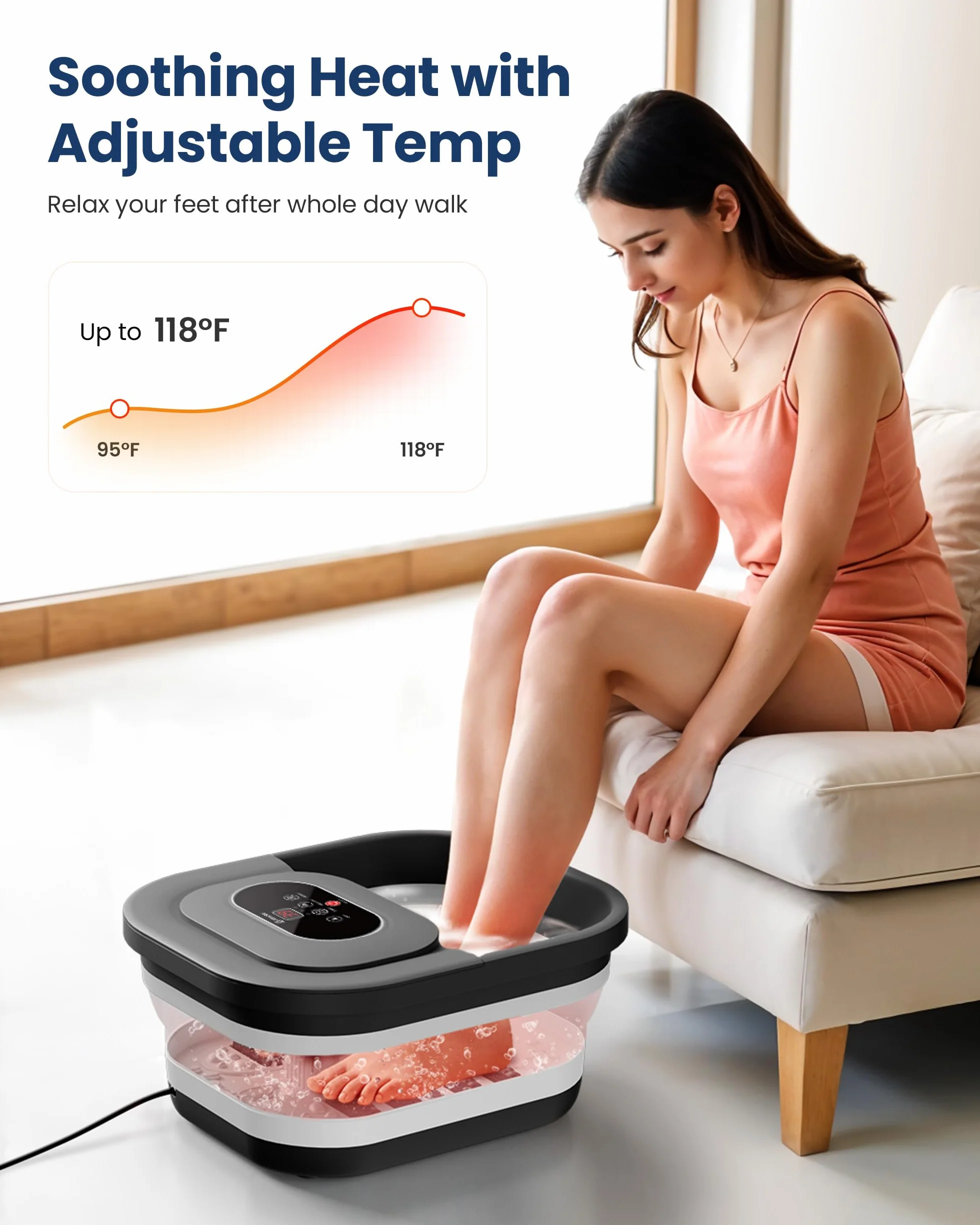 COMFIER Fußbad Massagegerät mit Heizung,Faltbare Elektrische Fussbad,Fußbadewanne mit Wärme und Blasen,35℃-48℃ Temperaturregelung,Massage-Rollen,Bimsstein, Vibration,Timer,Geschenke für Frauen Männer