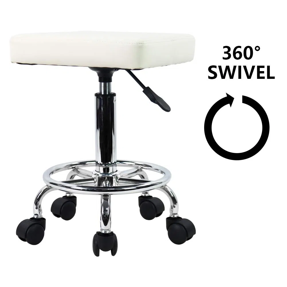 KKTONER Quadratischer Rollhocker Bürohocker höhenverstellbar 47-61cm aus PU-Leder Weiß