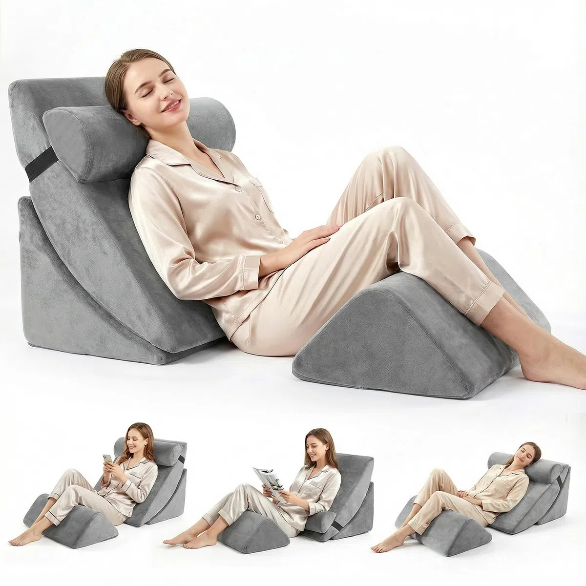 4-teiliges Keilkissen-Set aus Memory-Schaumstoff, Höhenverstellbare Schlaf- und Lesekissen für Sofa und Bett, Waschbare Bezüge in Grau