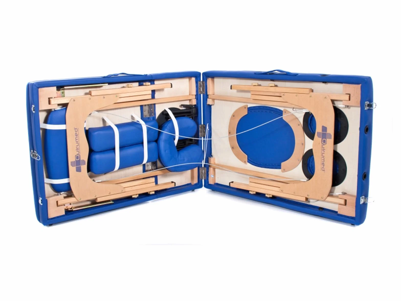 QUIRUMED Schwangeren-Massagetisch, klappbar, 194 x 70 cm, blau, Holz, Kunstleder, Bauchloch, Gesichtsloch, abnehmbare Kopfstütze, bis zu 150 kg