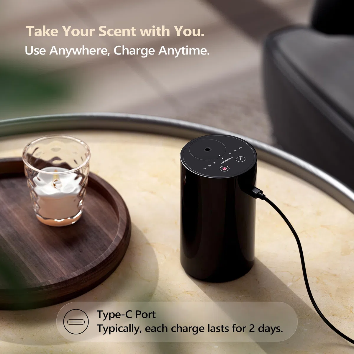 Airversa Wasserloser Diffuser, Tragbarer Aroma Diffuser kabellos, USB Wiederaufladbarer Aroma Diffusor 3 Countdown-Timer 3 Nebel Ebene, für Haus Zimmer Autos Büro AN8 Kit Schwarz
