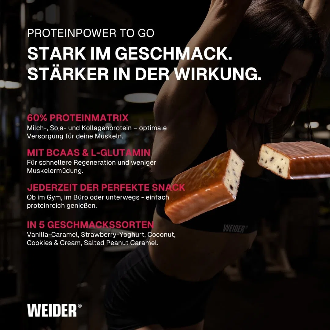 Weider 60% Proteinriegel - Hochproteinhaltiger Riegel mit 27g Protein, wenig Zucker, BCAAs & Zink - Ideal für Muskelwachstum - 24er Pack - Vanilla-Caramel