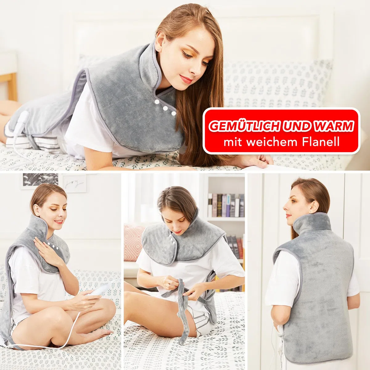 Heizkissen für Rücken Schulter Nacken 60x100cm Wärmekissen mit Abschaltautomatik, Schnelle Erwärmung, mit Taillenriemen, Rückenwärmer Heizdecke 6 Heizstufen, Auto-OFF-Timer, Flanell, Waschbar, Grau