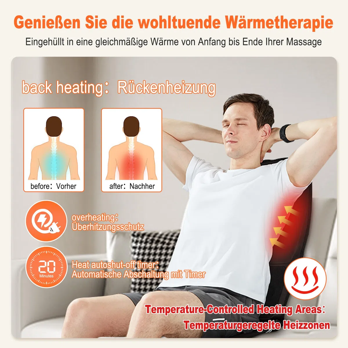 Rückenmassagekissen, Tiefengewebe-Vibrations-Sitzmassagekissen, 2 Stufen Kühl- oder Wärme-Rückenmassage zur Linderung von Muskelermüdung und Stress