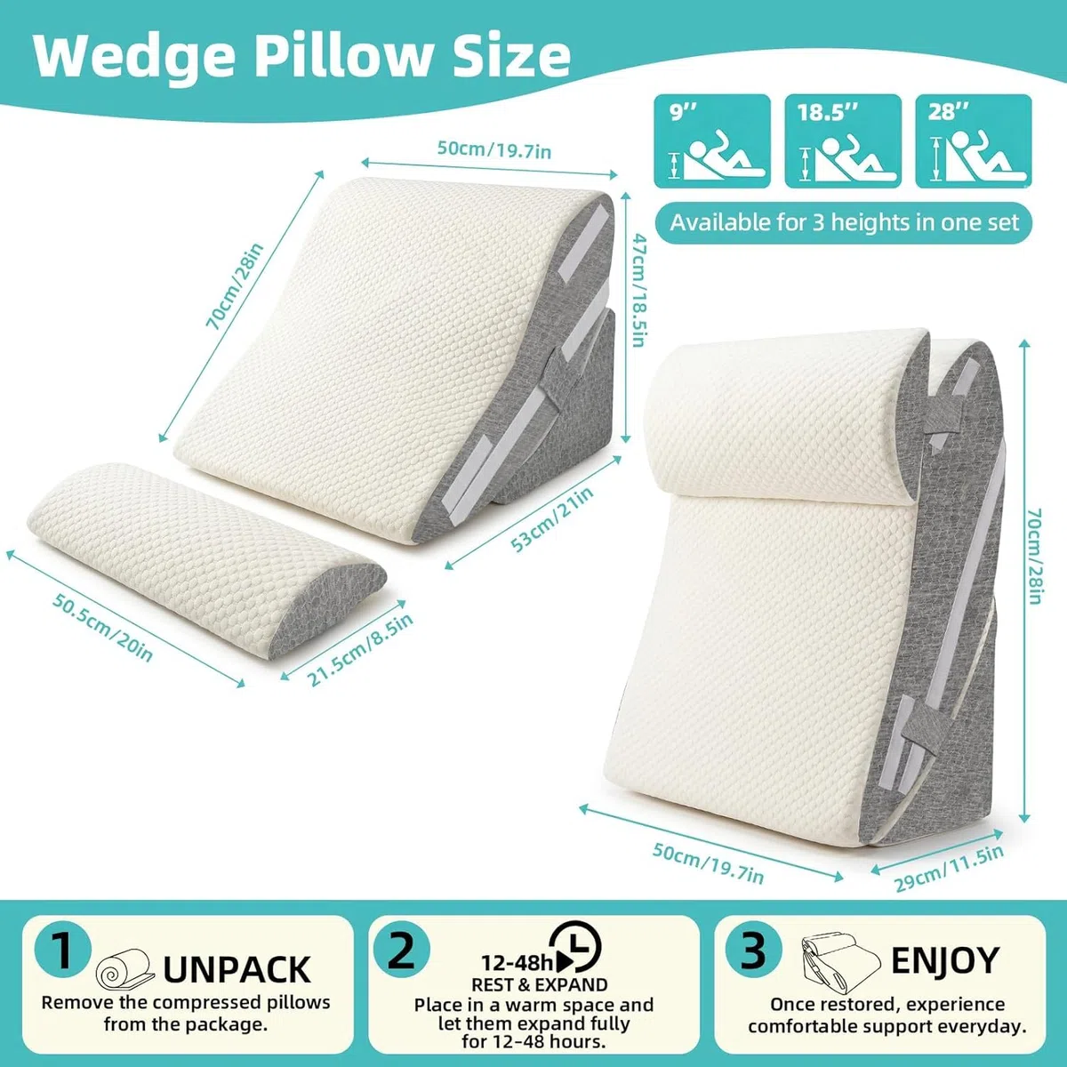 Bettkeilkissen-Set, 3-teilig, verstellbar, Schaumstoff für die Erholung nach Operationen, zur Linderung von Säurereflux und Rückenschmerzen, ergonomisches Neigungskissen zum Sitzen im Bett