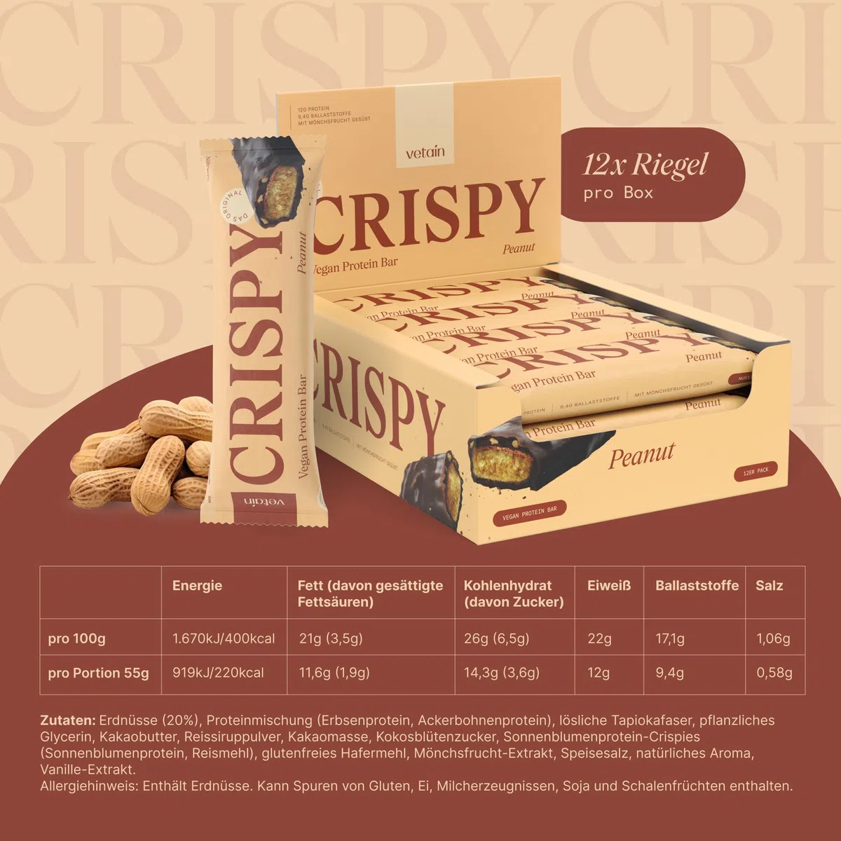 VETAIN Vegan Proteinriegel - Crispy Peanut - 12g Eiweiß pro Riegel - Mit Mönchsfrucht gesüßt - 100% natürliche Zutaten - Ohne Palmöl - Frei von Sucralose & Maltit - 12 x 55g