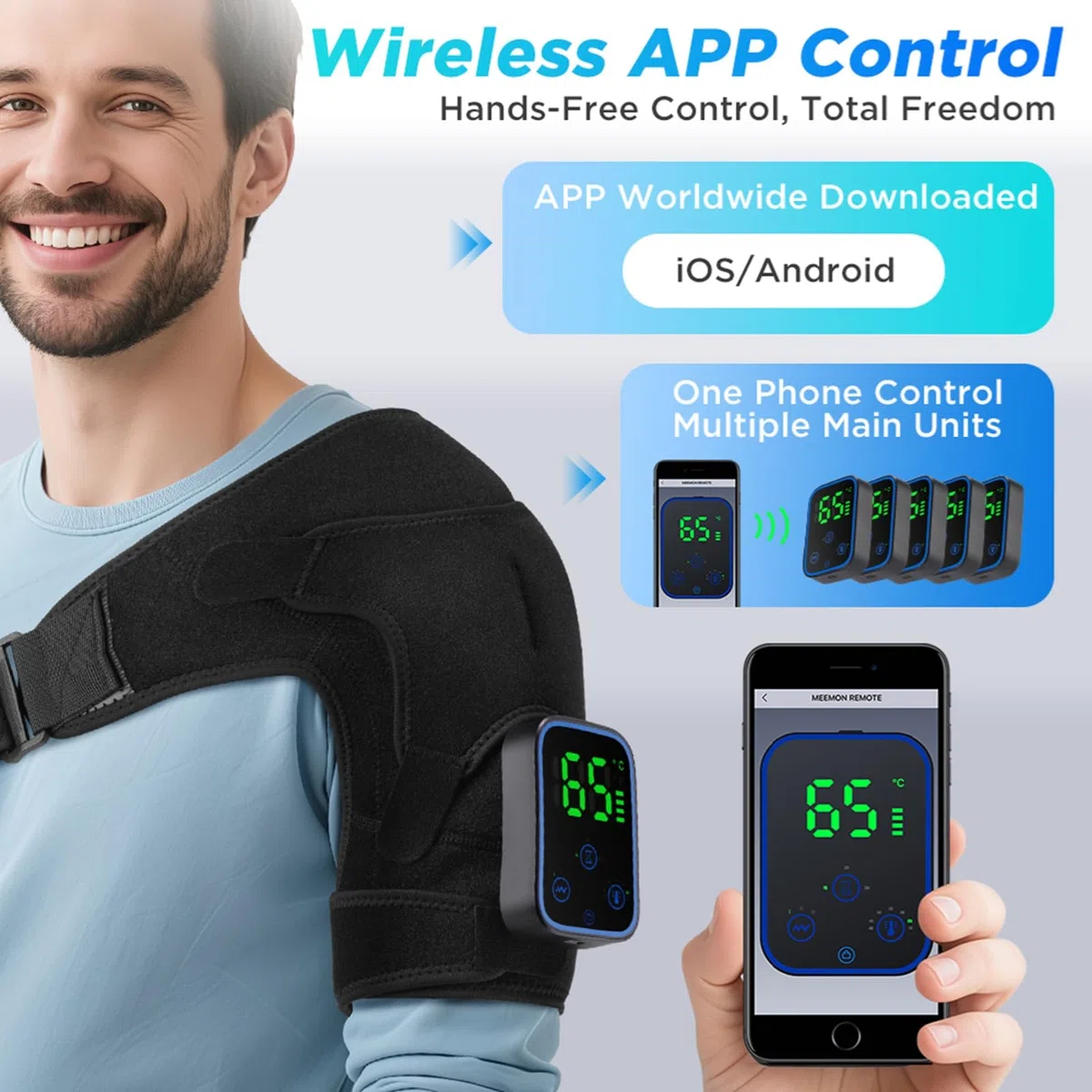 Schulter Massagegerät mit Wärme und Vibration, Triple Methode Schultermassager mit 7 Heizungsstufen und 3 Vibrationsmodi, APP & Touch Control, Beheizte Schulterbandage für Damen und Herren - 5000mAh