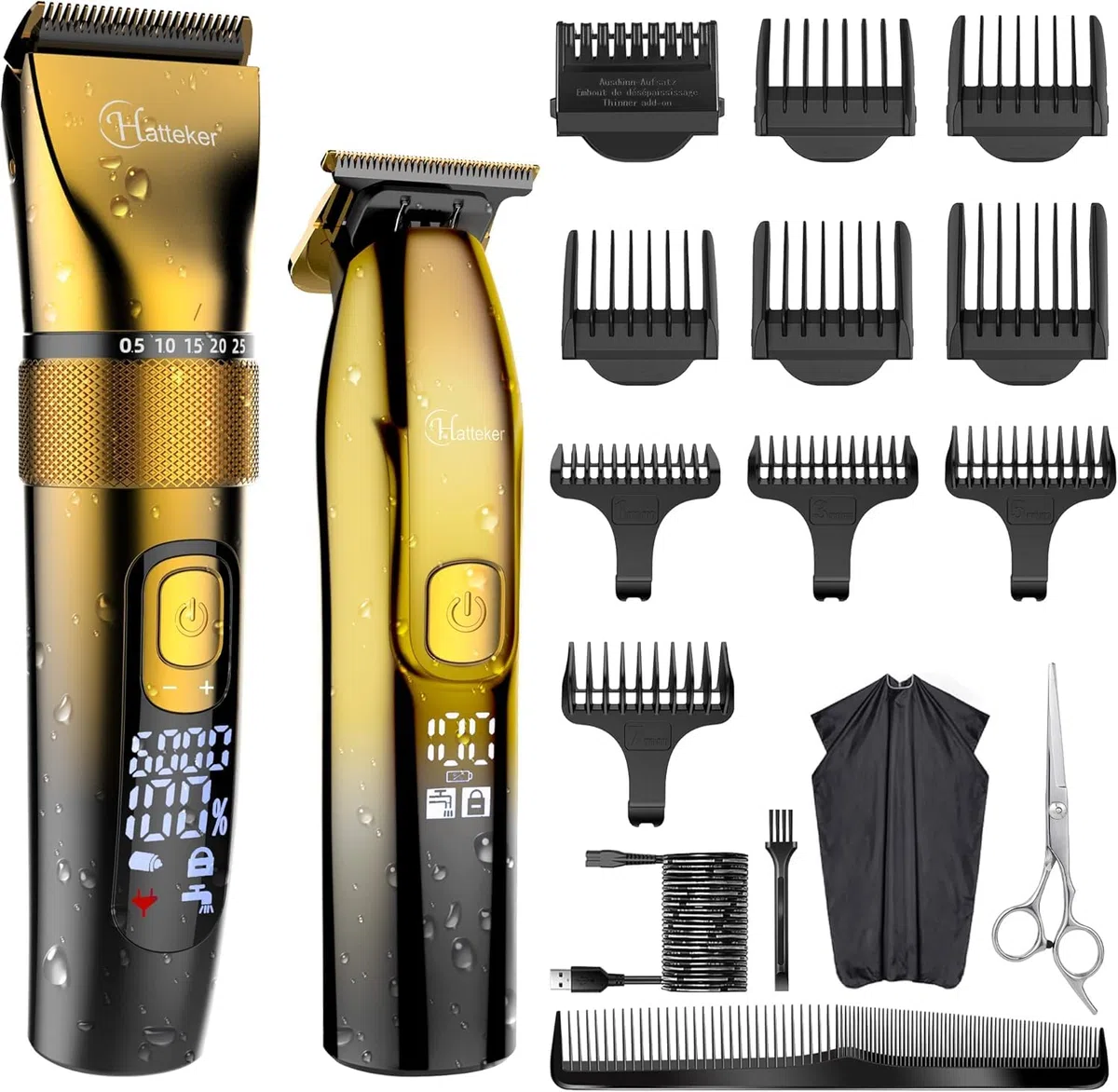 Hatteker Profi Haarschneidemaschine Set Haarschneider Pflegesets Barttrimmer Bartschneider Herren T-förmiger Trimmerkopf T-blade Trimmer Präzisionstrimmer IPX7 Wasserdicht （golden）