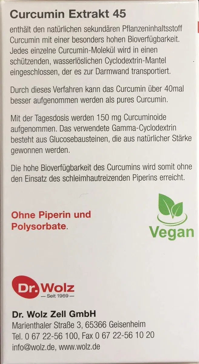 Dr. Wolz Curcumin Extrakt 45, 2 x 90 Kapseln