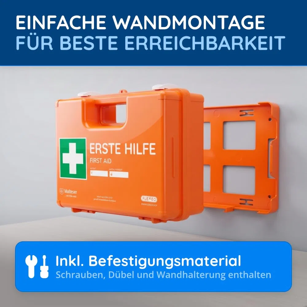 FLEXEO Erste Hilfe Koffer DIN 13169 | Inkl. Wandhalterung, Plombe, Stickern | Erste Hilfe Kasten/Verbandkasten für Betriebe, Unternehmen, Gewerbe, Baustellen