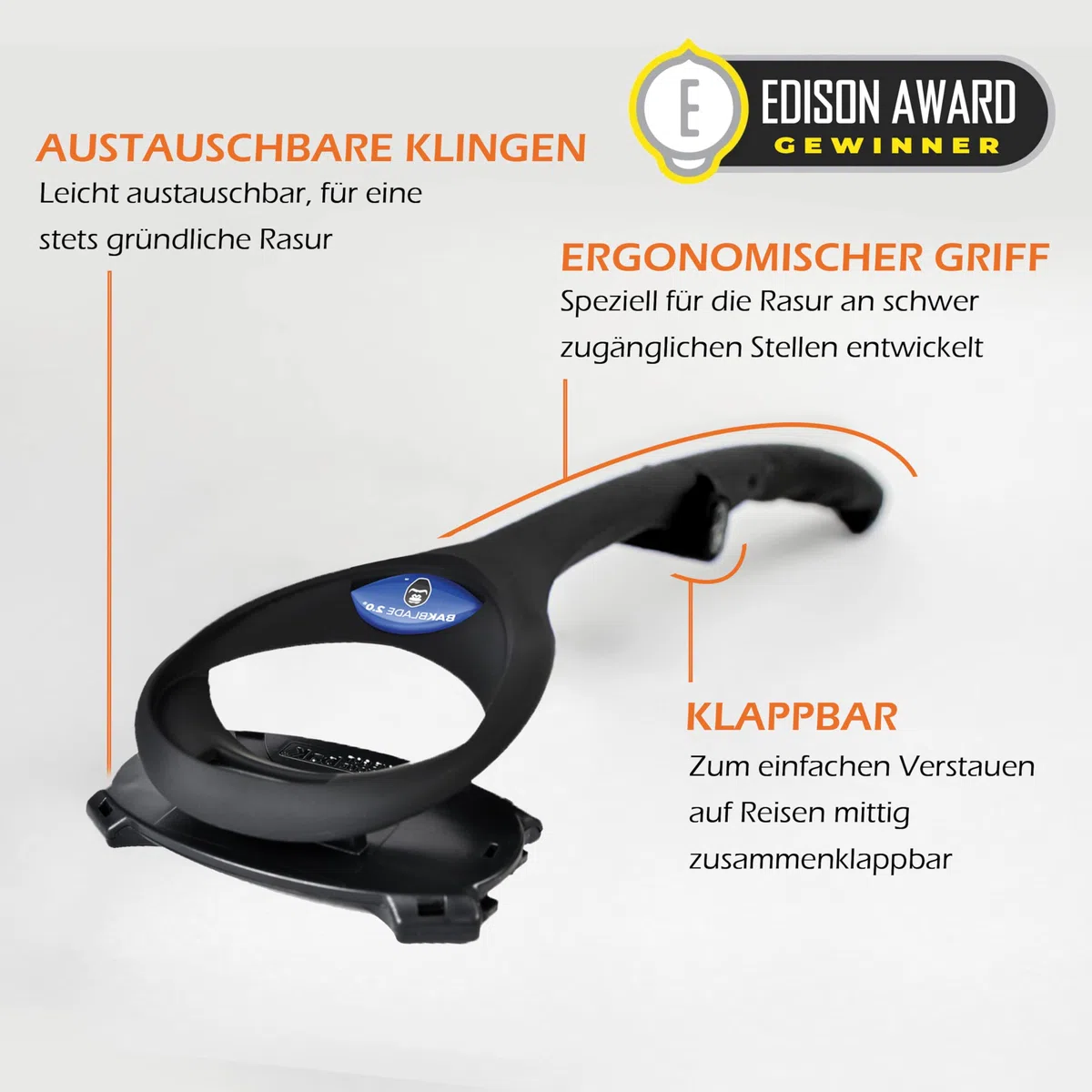 BaKblade 2.0 Back Shaver, Rückenrasierer und Körperrasierer für Männer Idealer Herren-Rasierer für einen Glatten Rücken Inkl. 2 Rasierklingen