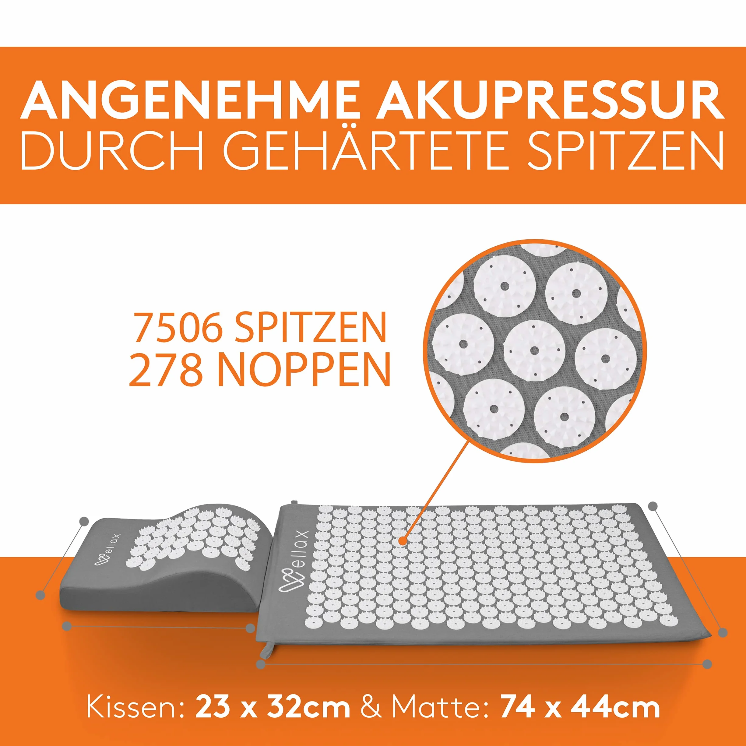 Wellax [Das Original] - Akupressurmatte mit Kissen - Gefüllt mit 100% Kokosfasern - Löst Verspannungen & fördert Durchblutung - Massage Matte mit Akupressurkissen - Ausgezeichnet von Vergleich.org