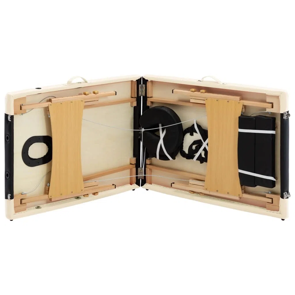 Massageliege Klappbar 2-Zonen, Mobiler Massagetisch mit Holzgestell, Höhenverstellbar, Tragbare Kosmetikliege mit Tragetasche, Schwarz Beige