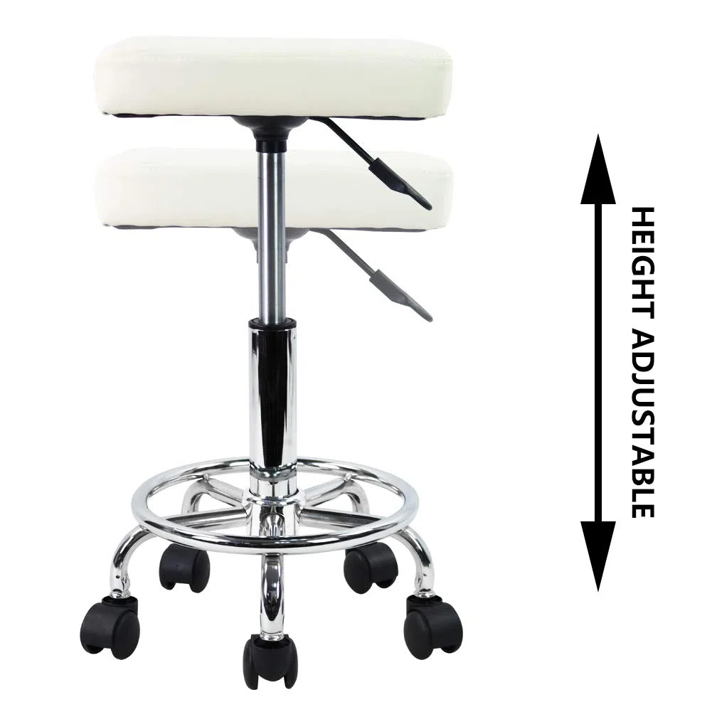 KKTONER Quadratischer Rollhocker Bürohocker höhenverstellbar 47-61cm aus PU-Leder Weiß