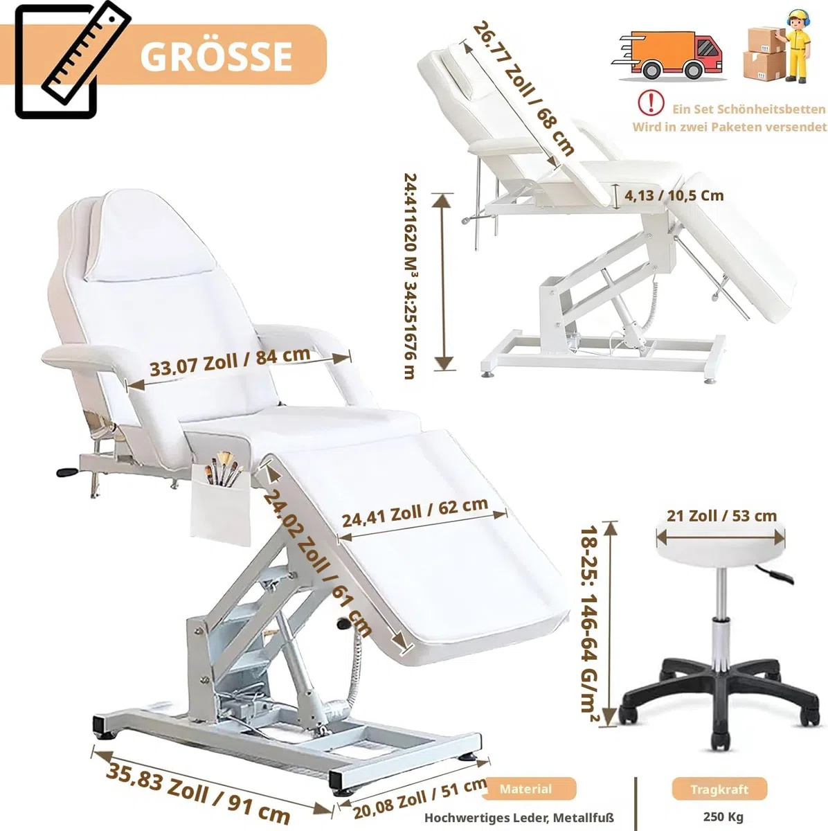 LSLIFE Elektrische Massageliege Kosmetikliege mit Hocker Verstellbare 3-teilige Massageliege Salon elektrisch Massage Abnehmbare Armlehnen Kopfstütz für Salon, Tattoo Gesichtsbehandlung SPA (Weiß)