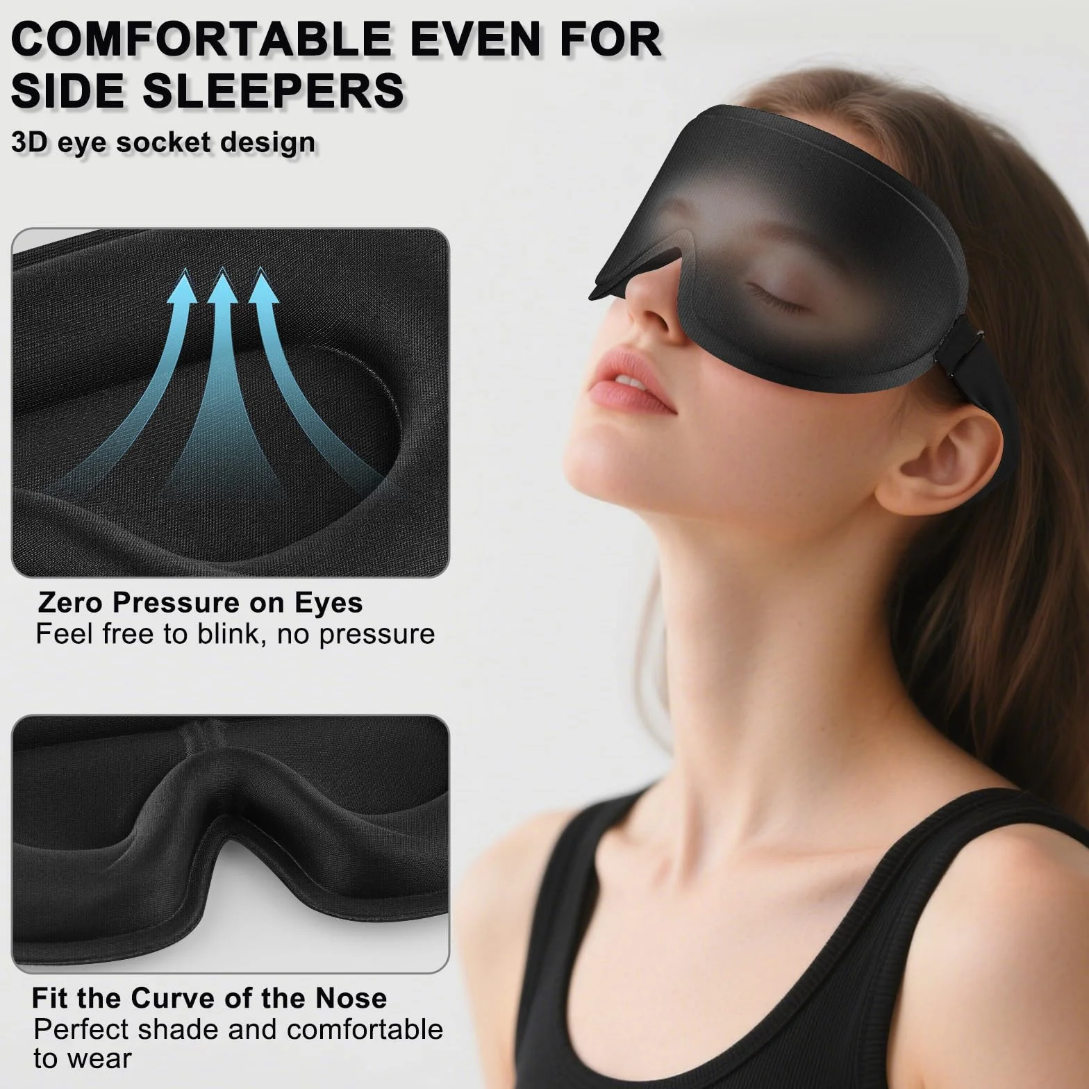 Oumida 3D Schlafmaske für Seitenschläfer, Verstellbares Gummiband, lichtblockierend und Atmungsaktiv, Augenmaske für Männer Frauen, für Reisen, Büro, Yoga (Schwarz)